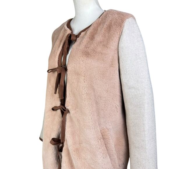 Madewell Brown Beige Colorblock Faux Mink Fur Long Length Ribbon Tie Jacket - Picture 12 of 16